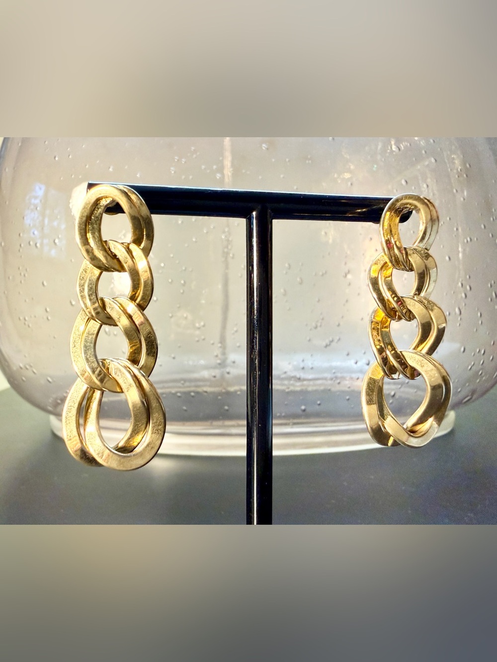 Vintage 1980s Signed Monet Gold Tone Triple Double Link Chain Dangle Earrings